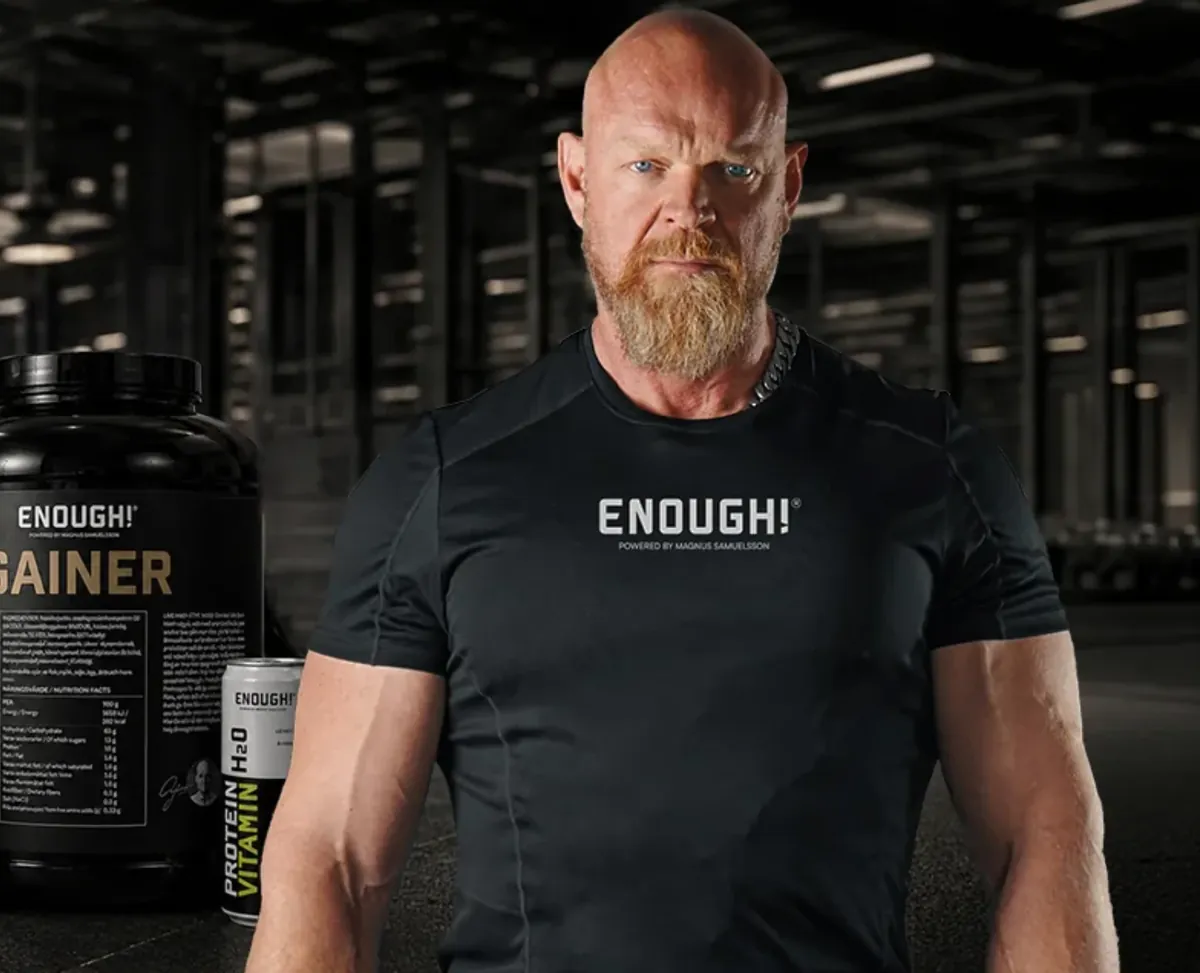 Magnus Samuelsson wearing an Enough! top, next to supplements